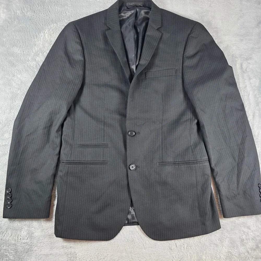 Andrew‎ Fezza Mens 38R Charcoal Black Pinstripe Blazer Two-Button Suit Jacket